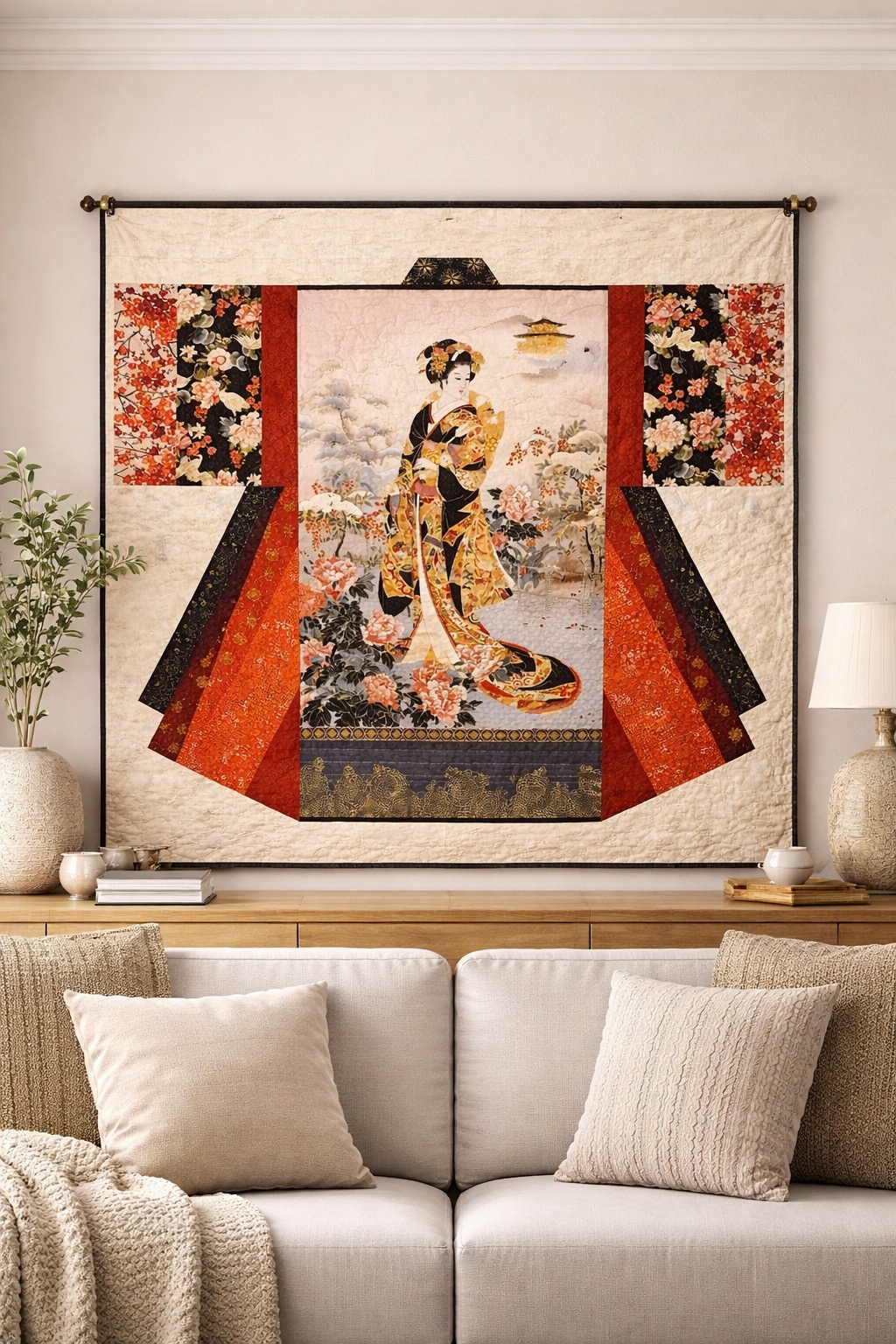 Story kimono textile painting presented as a statement piece in a neutral interior.